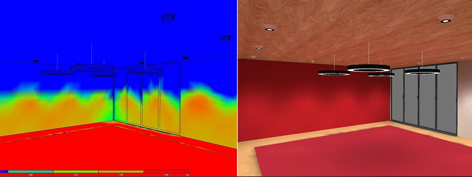 Voorbeeld van een lichtsterkte simulatie en een 3D rendering van het eindresultaat (ReLUX)