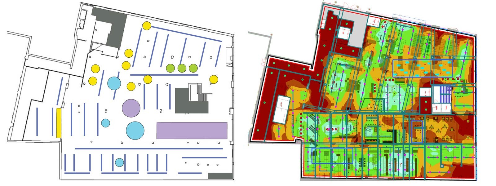 Plattegrond met isolijnen of tabel met lichtwaarden (Hulp bij verlichting van SLV Nederland)