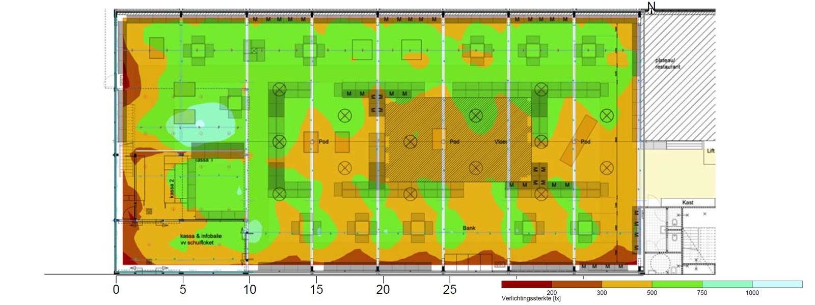 Plattegrond met isolijnen of tabel met lichtwaarden (Hulp bij verlichting van SLV Nederland)